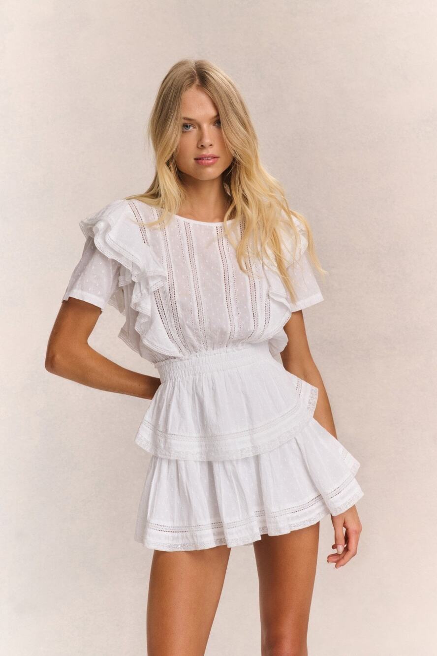 Love Shack Fancy Natasha Ruffle Tiered Cotton Mini Dress in White Size XS Bridal
